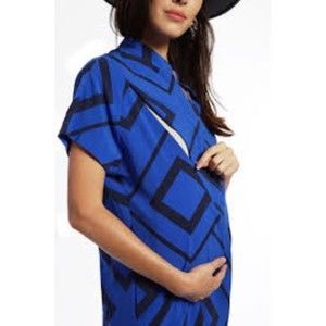 🧺Loyal Hana Blue + Black Geometric Short Sleeve Nursing Friendly Blouse, M